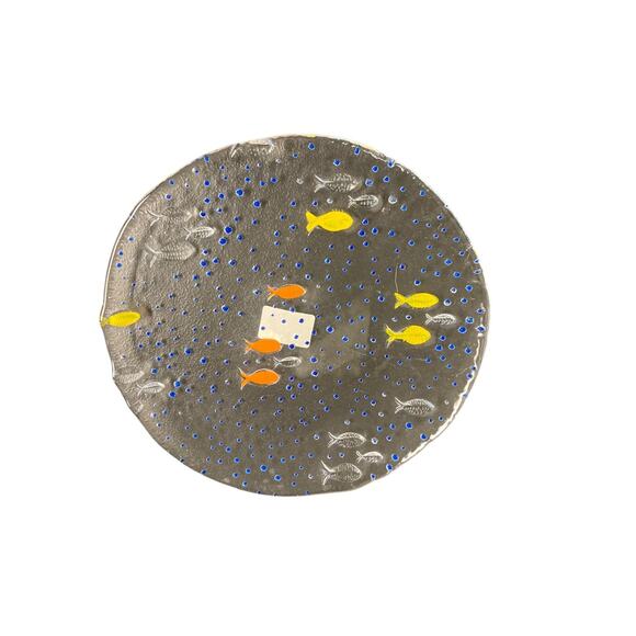 Fused Art Glass Yellow & Orange Fish 11" Dinner Plates Set of 3 Made in Italy